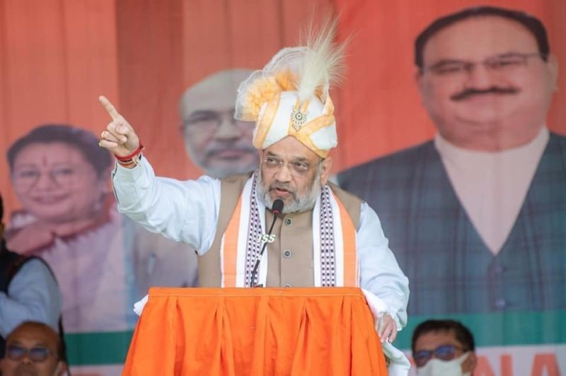 Union home minister Amit Shah addressing a BJP poll rally in Manipur's Thoubal district on March (NNN Photo)